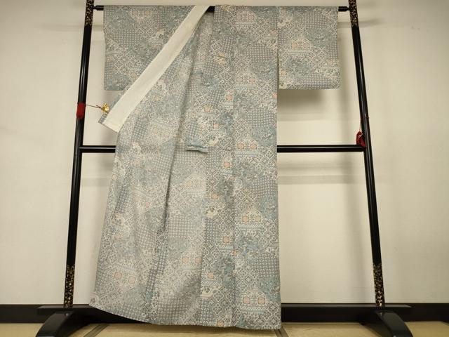 平和屋着物*夏物 小紋 紗 幾何学花文 洗える着物 AABJ8016jd