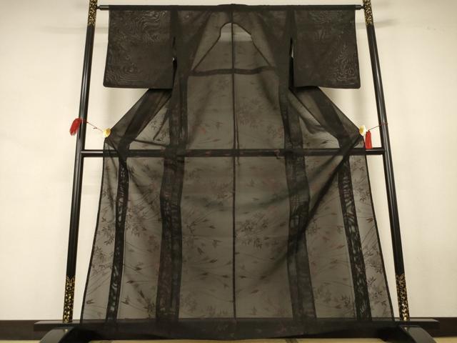 平和屋着物*夏物 小紋 紗 枝葉文 黒地 正絹 逸品 AABJ8023jd