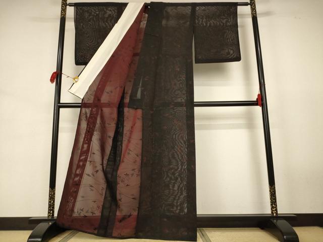 平和屋着物*夏物 小紋 紗 枝葉文 黒地 正絹 逸品 AABJ8023jd