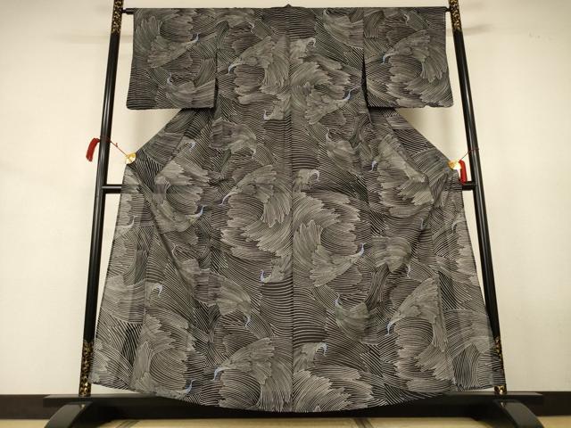 平和屋着物*夏物 小紋 絽 孔雀文 黒地 洗える着物 AABJ8037jd