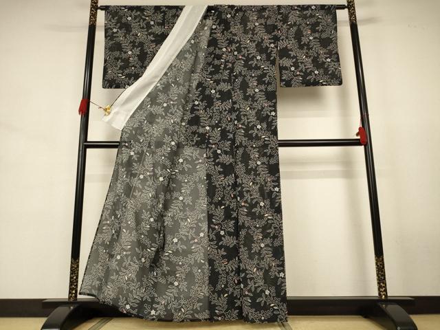 平和屋着物*夏物 小紋 絽 草花文 黒地 洗える着物 AABJ8042jd