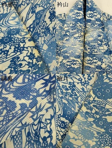 平和屋着物*夏物 小紋 絽 藍 型染め 風景文 正絹 逸品 AABJ8084jd