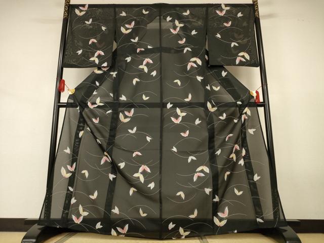 平和屋着物*夏物 洗える最高級着物 <英>はなぶさ謹製 小紋 絽 芝舞蝶文 黒地 洗える着物 AABJ8090jd