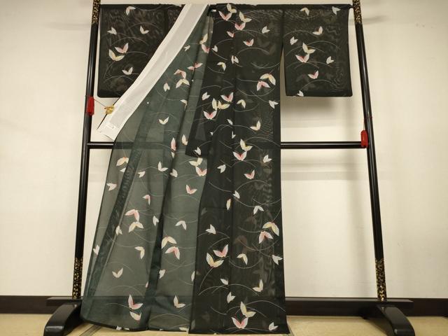 平和屋着物*夏物 洗える最高級着物 <英>はなぶさ謹製 小紋 絽 芝舞蝶文 黒地 洗える着物 AABJ8090jd