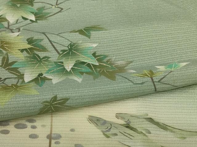 平和屋着物*夏物 訪問着 絽縮緬 枝葉文 魚 暈し染め 金彩 正絹 逸品 AABJ8112jd
