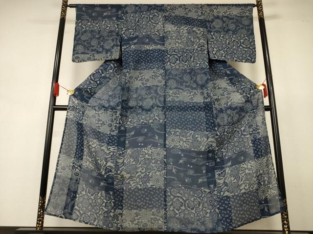 平和屋着物*夏物 小千谷ちぢみ 藍 型染め 横段草花文 麻 逸品 AABJ8148jd