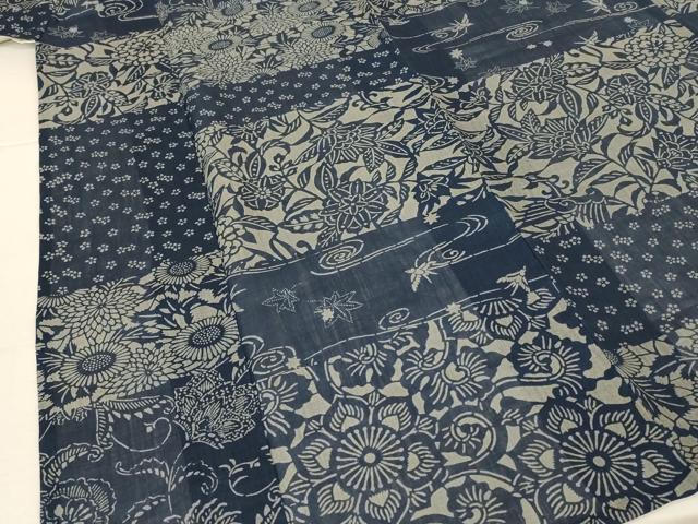平和屋着物*夏物 小千谷ちぢみ 藍 型染め 横段草花文 麻 逸品 AABJ8148jd