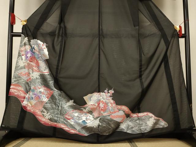 平和屋着物*夏物 黒留袖 絽 立波扇面花鳥文 銀彩 洗える着物 AABJ8152jd