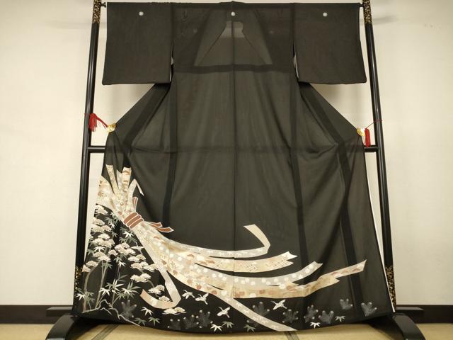 平和屋着物*夏物 黒留袖 絽 束ね熨斗花文 鶴 正絹 逸品 AABJ8154jd