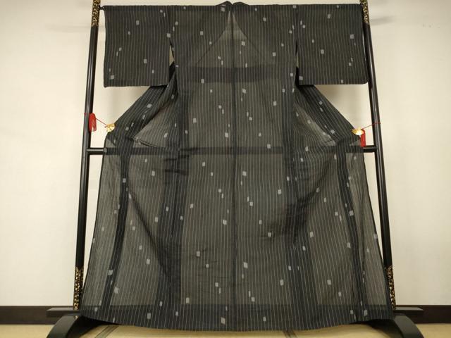 平和屋着物*夏物 小千谷ちぢみ 変わり縞 黒地 麻 逸品 AABJ8158jd