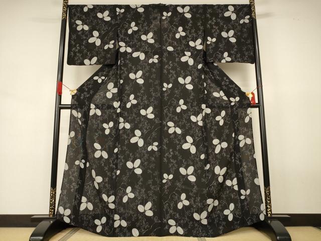 平和屋着物*夏物 小紋 縦絽 萩 黒地 正絹 逸品 AABJ8159jd