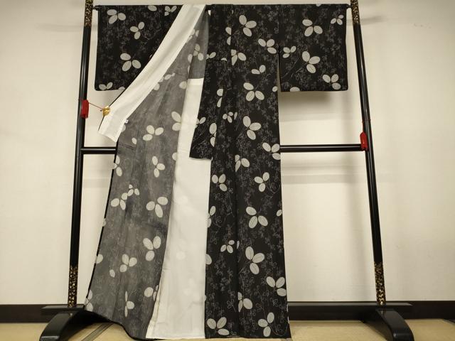 平和屋着物*夏物 小紋 縦絽 萩 黒地 正絹 逸品 AABJ8159jd