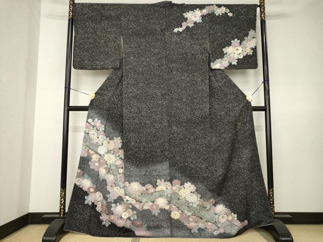 平和屋着物●訪問着 菊尽くし たたき染め 黒地 金彩 正絹 逸品 AABJ8172ck