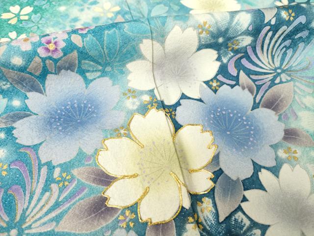 平和屋着物●豪華振袖 駒刺繍 舞花文 暈し染め 銀通し地 正絹 逸品 AABJ8195ck