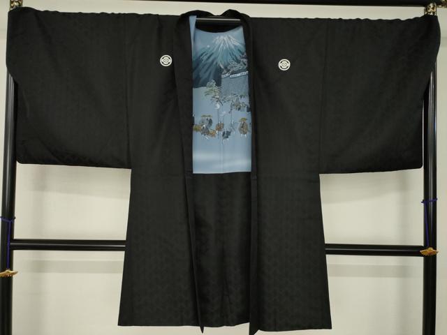 平和屋着物●男性 黒紋付・羽織セット 松葉菱地紋 洗える着物 AABJ8197ck