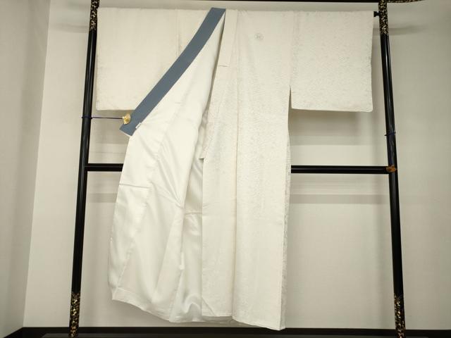 平和屋着物●男性 色紋付・羽織セット 草花地紋 白色 銀通し地 キングサイズ 洗える着物 AABJ8198ck