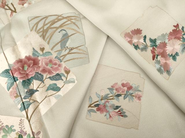 平和屋着物●訪問着 総刺繍 色紙重ね花鳥文 正絹 逸品 AABJ8209ck