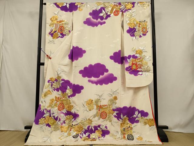 平和屋本店●お引きずり・お引き摺り・引き振袖 和装 結婚式 舞妓 芸妓 芸者 衣装 総刺繍 御所車花文 金銀糸 AABJ8255ou