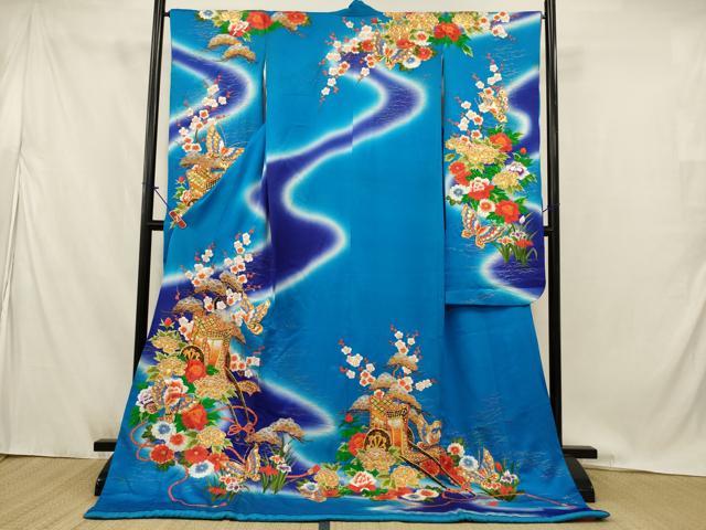 平和屋本店●お引きずり・お引き摺り・引き振袖 和装 結婚式 舞妓 芸妓 芸者 衣装 総駒刺繍 御所車花文 金糸 AABJ8267ou