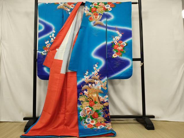 平和屋本店●お引きずり・お引き摺り・引き振袖 和装 結婚式 舞妓 芸妓 芸者 衣装 総駒刺繍 御所車花文 金糸 AABJ8267ou