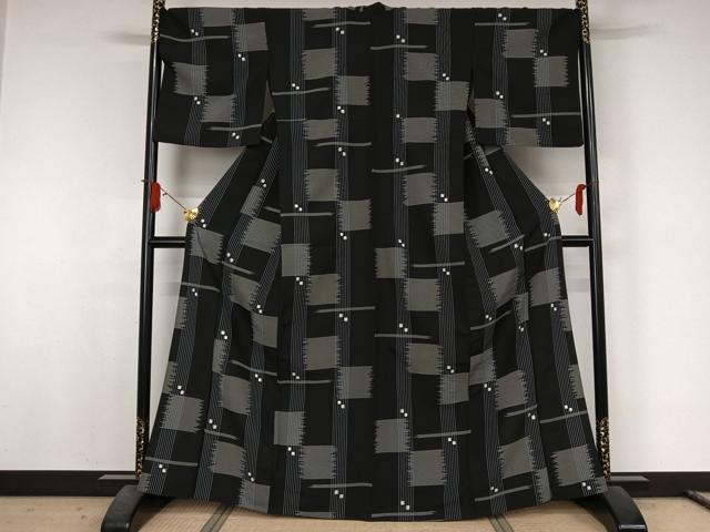 平和屋着物▽小紋 単衣 幾何学文様 黒地 洗える着物 AABJ8283jh