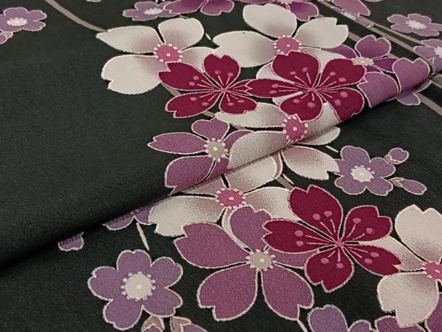 平和屋着物▽小紋 単衣 桜 黒地 洗える着物 AABJ8287jh