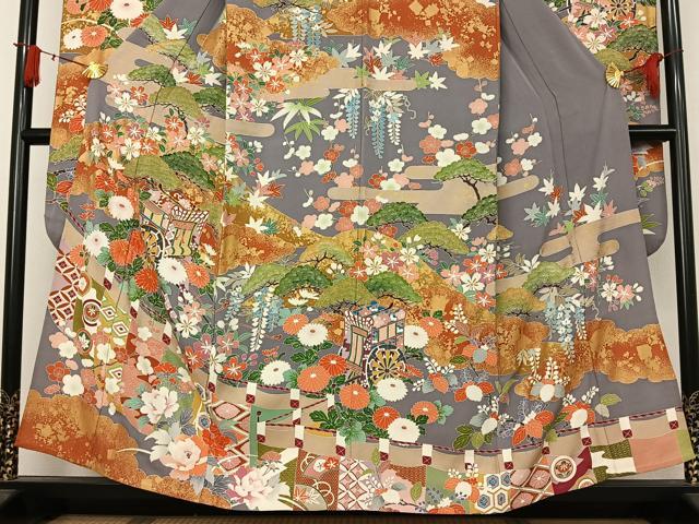 平和屋着物▽豪華振袖 単衣 駒刺繍 御所車花文 金彩 正絹 逸品 AABJ8336jh