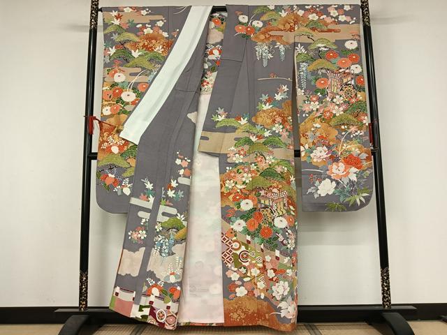 平和屋着物▽豪華振袖 単衣 駒刺繍 御所車花文 金彩 正絹 逸品 AABJ8336jh