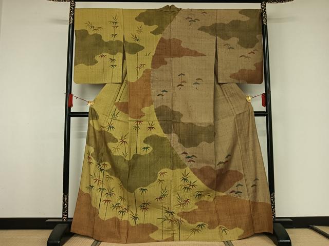 平和屋着物▽訪問着 生紬 単衣 手描き 笹の葉松文 正絹 逸品 AABJ8339jh