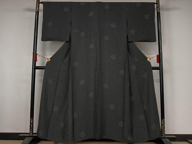 平和屋着物▽上質な小紋 単衣 鱗文 黒地 正絹 逸品 AABJ8347jh
