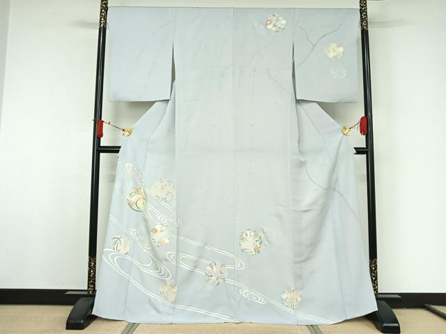 平和屋着物▽創業460年・千總 訪問着 単衣 駒刺繍 流水花丸文 銀彩 正絹 逸品 AABJ8376jh