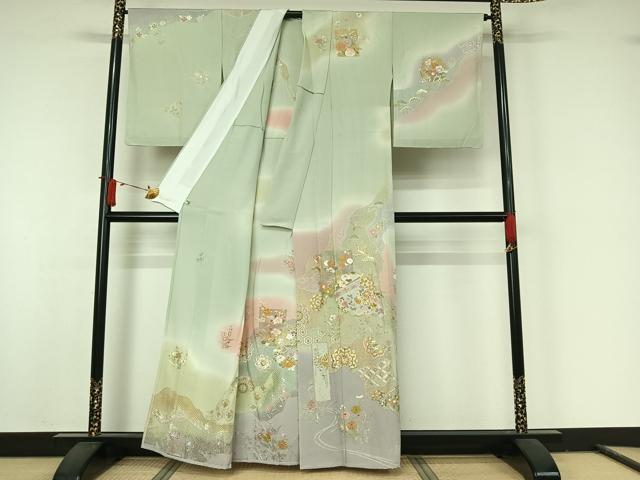 平和屋着物▽訪問着 単衣 中国三大刺繍 汕頭刺繍 スワトウ刺繍 総刺繍 吉祥飛鶴花文 暈し染め 金糸 正絹 逸品 AABJ8380jh
