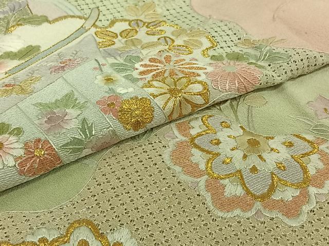 平和屋着物▽訪問着 単衣 中国三大刺繍 汕頭刺繍 スワトウ刺繍 総刺繍 吉祥飛鶴花文 暈し染め 金糸 正絹 逸品 AABJ8380jh