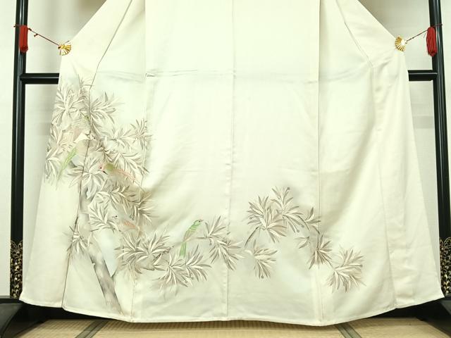 平和屋着物▽色留訪問着 単衣 刺繍 枝に休み鳥 金銀彩 銀糸 正絹 逸品 AABJ8383jh