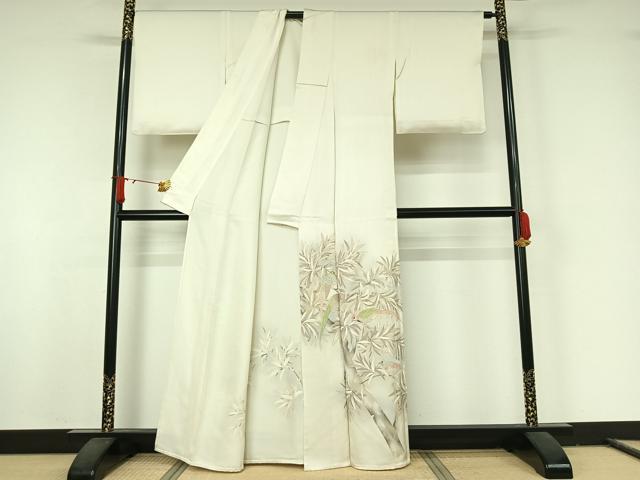 平和屋着物▽色留訪問着 単衣 刺繍 枝に休み鳥 金銀彩 銀糸 正絹 逸品 AABJ8383jh