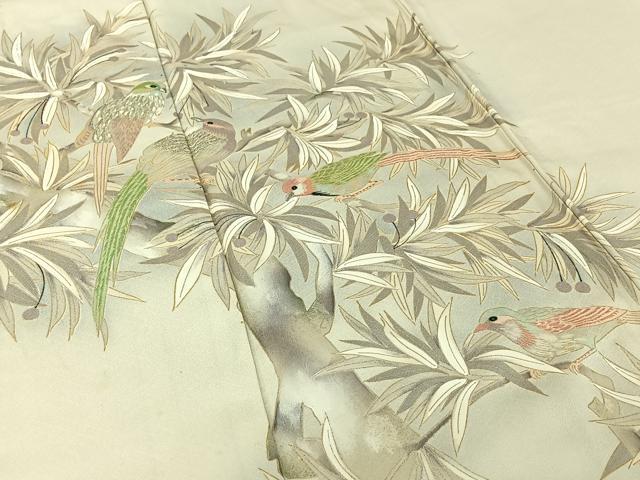 平和屋着物▽色留訪問着 単衣 刺繍 枝に休み鳥 金銀彩 銀糸 正絹 逸品 AABJ8383jh