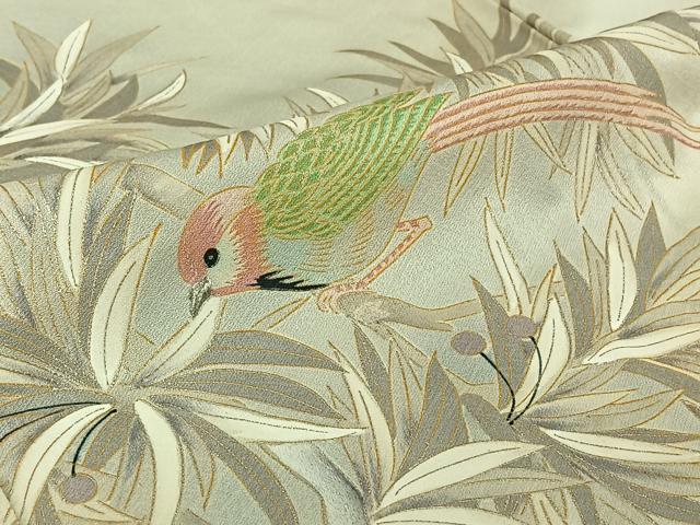 平和屋着物▽色留訪問着 単衣 刺繍 枝に休み鳥 金銀彩 銀糸 正絹 逸品 AABJ8383jh