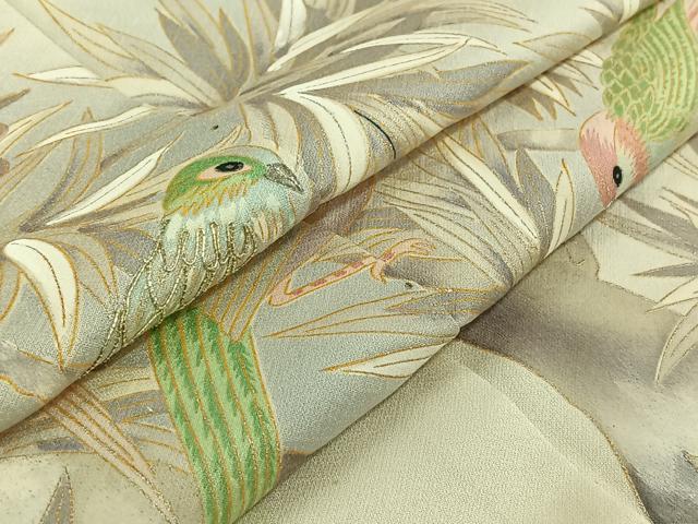 平和屋着物▽色留訪問着 単衣 刺繍 枝に休み鳥 金銀彩 銀糸 正絹 逸品 AABJ8383jh