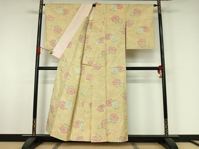 平和屋着物▽上質な紬 単衣 草花文 正絹 逸品 AABJ8387jh