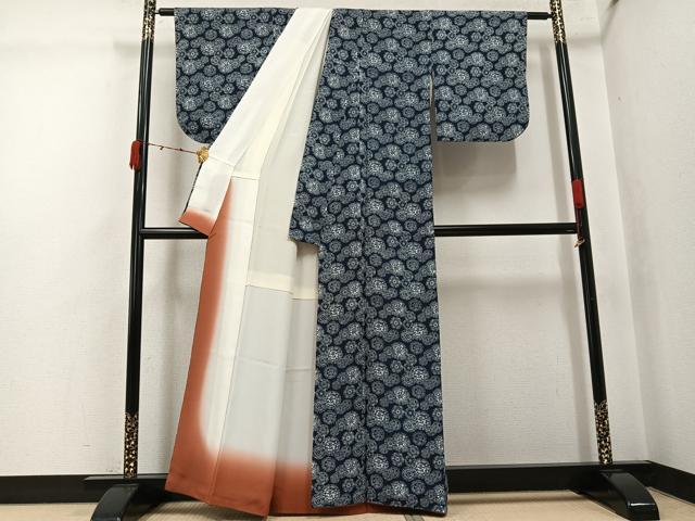 平和屋着物●上質な小紋 藍 型染め 雪輪文 正絹 逸品 AABJ8402ph