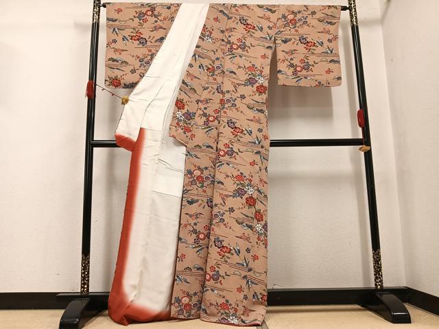 平和屋着物●上質な小紋 型染め 飛鶴草花文 鬼しぼ縮緬 正絹 逸品 AABJ8405ph