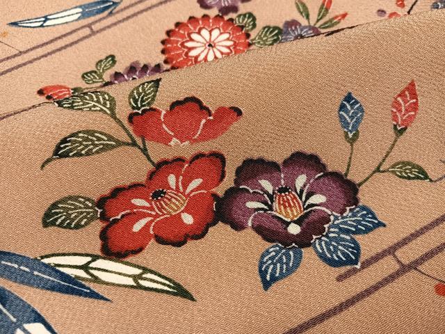 平和屋着物●上質な小紋 型染め 飛鶴草花文 鬼しぼ縮緬 正絹 逸品 AABJ8405ph