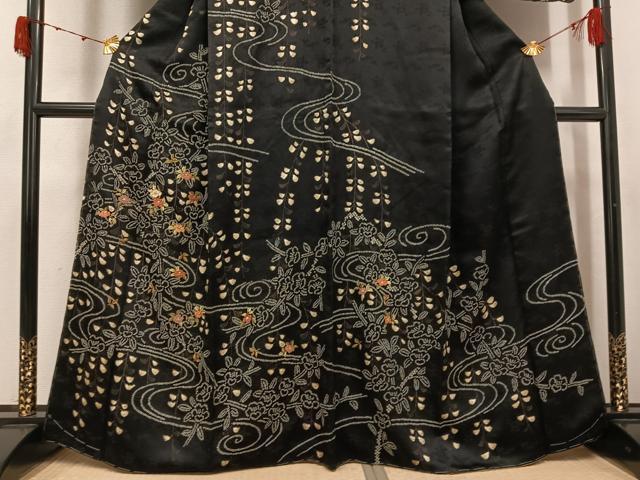 平和屋着物●訪問着 駒刺繍 絞り 草花文 黒地 大丸扱い 正絹 逸品 未使用 AABJ8430ph