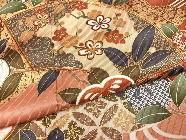 平和屋着物●豪華振袖 駒刺繍 地紙花文 金彩 ロング丈 正絹 逸品 AABJ8432ph
