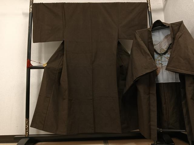 平和屋着物●男性 紬 アンサンブル 色無地 海松茶色 正絹 逸品 AABJ8444ph
