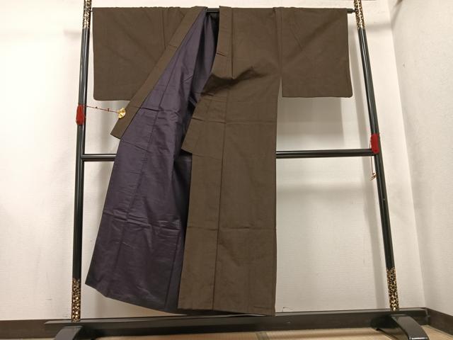 平和屋着物●男性 紬 アンサンブル 色無地 海松茶色 正絹 逸品 AABJ8444ph