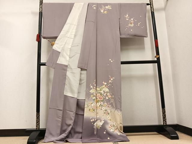 平和屋着物●訪問着 駒刺繍 地紙草花文 暈し染め 金彩 ロング丈 正絹 逸品 AABJ8447ph