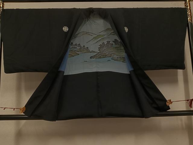 平和屋着物●男性 黒紋付 羽織セット 正絹 逸品 AABJ8454ph