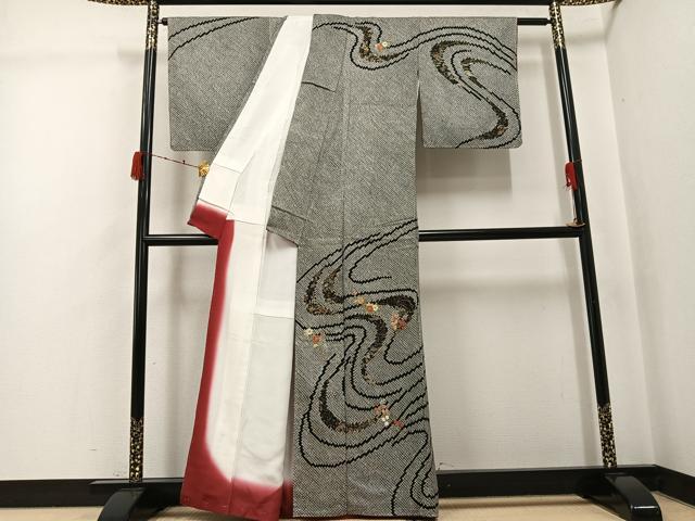 平和屋着物●訪問着 駒刺繍 絞り 流水草花文 黒地 金彩 正絹 逸品 未使用 AABJ8456ph