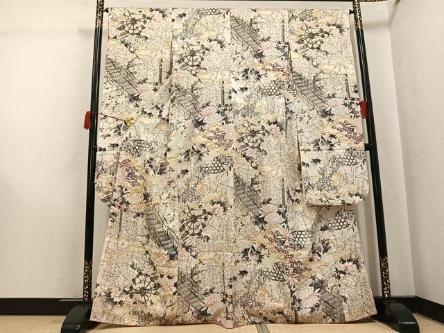 平和屋着物●豪華振袖 駒刺繍 渡橋草花文 金彩 正絹 逸品 AABJ8461ph